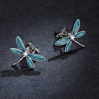 tkj 2021 new fashion little dragonfly s925 sterling silver blue stud earrings girl zircon drop oil earrings
