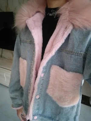 Зимняя женская куртка корейский Свободный меховой воротник деним негабаритных коротких женских курток элегантные толстые теплые парки на подкладке из искусственного меха