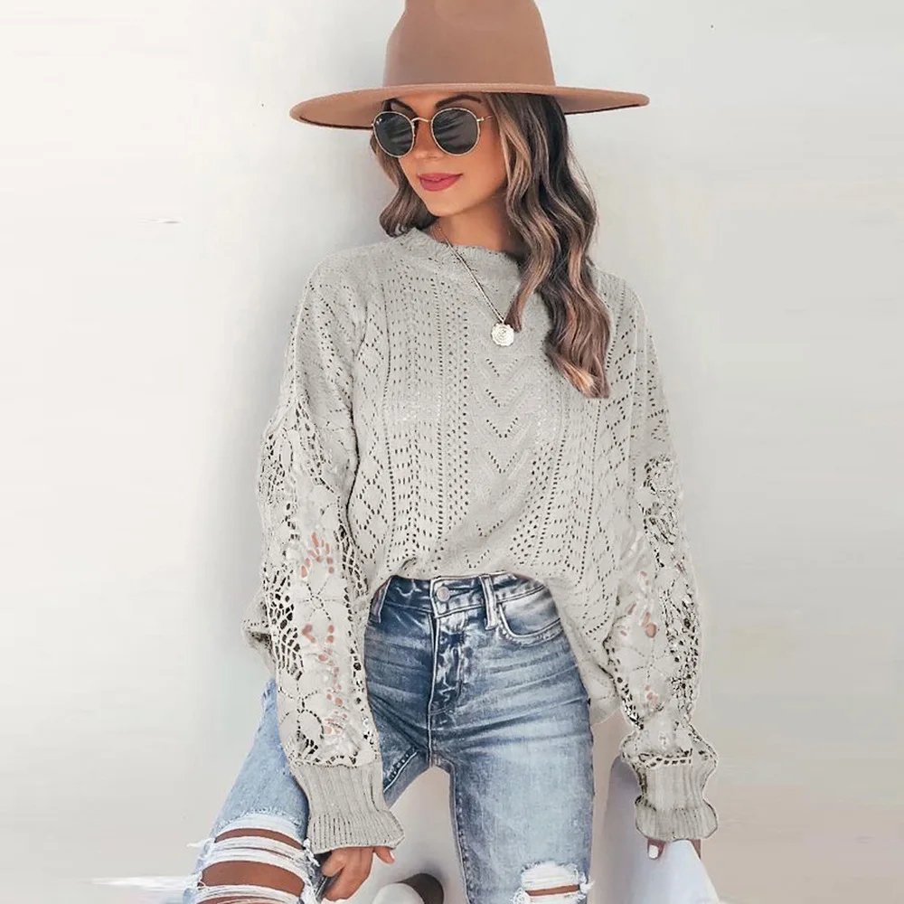 

European And American Foreign Trade Hollow Flower Long-sleeved Sweater Female Amazon Ladie Loose Round Neck Jacket 2721105