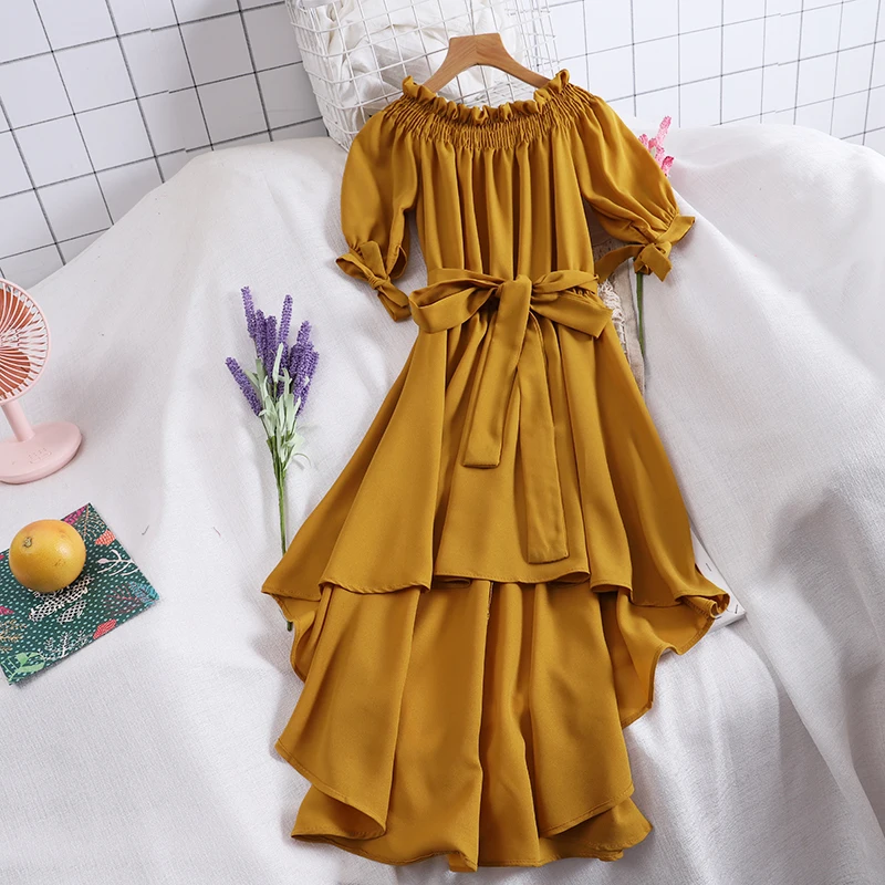 

autumn chic irregular front short back long short sleeve one shoulder dress with A-line waist medium length