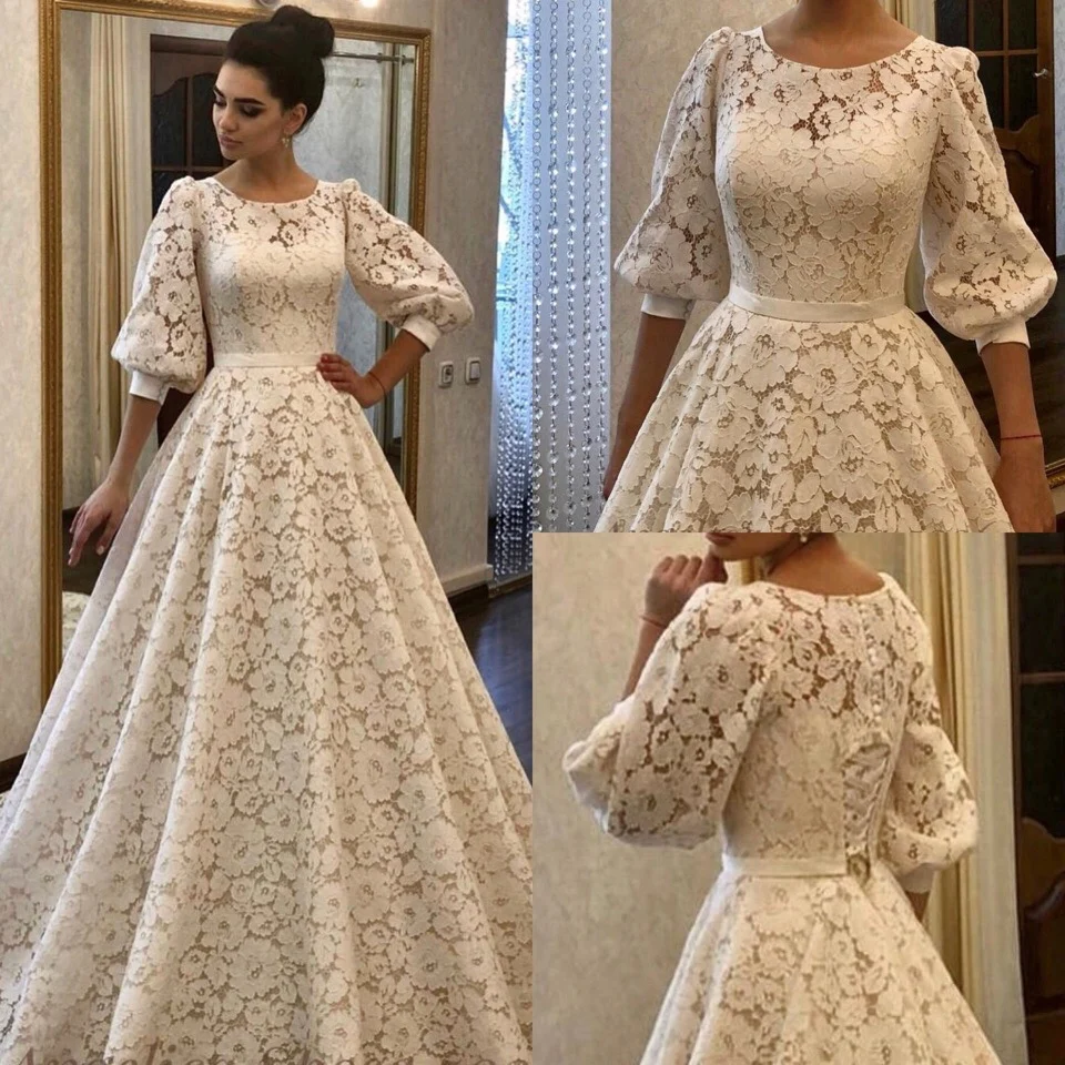 

Boho Wedding Dress 3/4 Long Sleeves A Line White Ivory Pure Lace Princess Beach Bride Two Pieces Wedding Gown 2022 New Arrival
