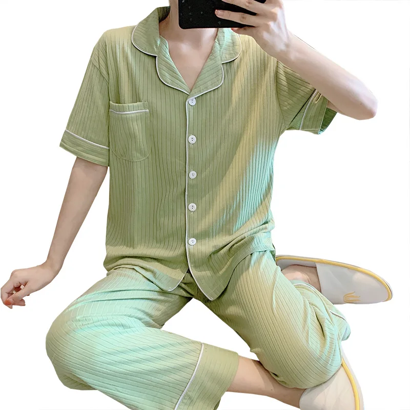 CAIYIER New Summer Cotton Pajamas Set Short Sleeve Tops+Trousers Sleepwear Women Casual Pure Color Turn-down Collar Nightwear