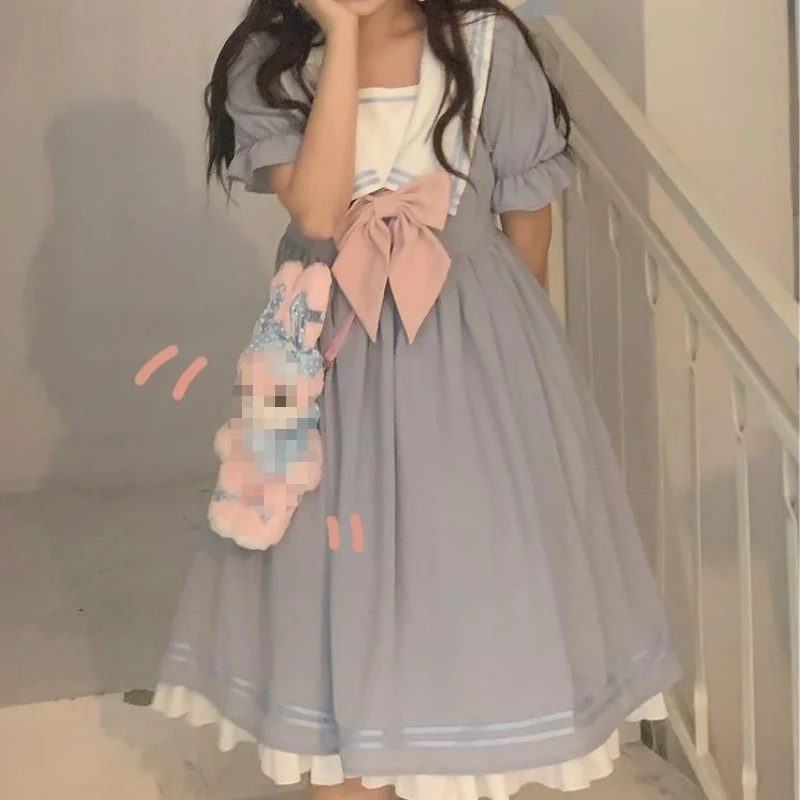 

HOUZHOU Kawaii Dress 2021 Summer Lolita Dresses Women Japanese Sweet Cute Puff Sleeve Vintage Sundress Preppy Style Outfits