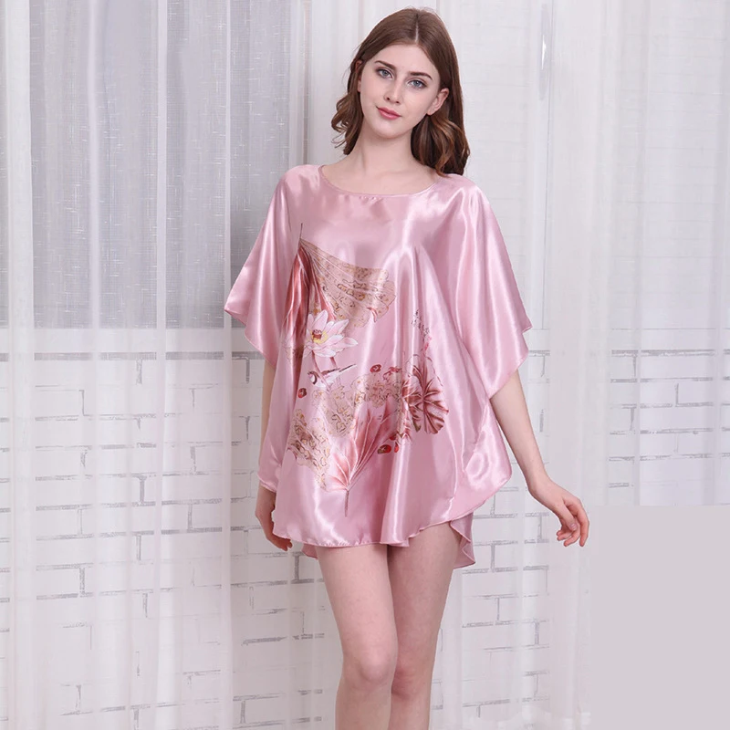 Lotus Pink Для женщин атласная сексуальные шелковые пижамы Ночные сорочки пижамы рукав «летучая мышь» по колено ночные рубашки, ночное белье Розовый Ночная одежда ля маленьких девочек и малышей - Цвет: Lotus Pink