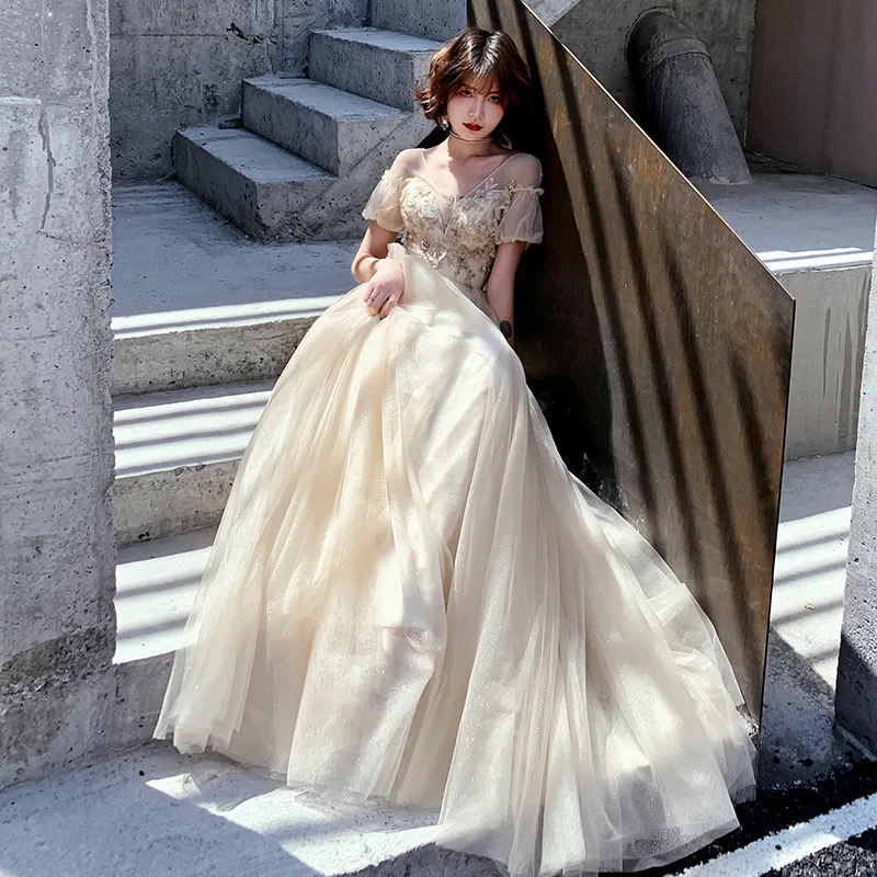 

Sexy Deep V-Neck Lady Bridesmaids Wedding Prom Dresses Elegant Bud Sleeve Mesh Skirt Slim Evening Dress Spring New Gown Vestidos
