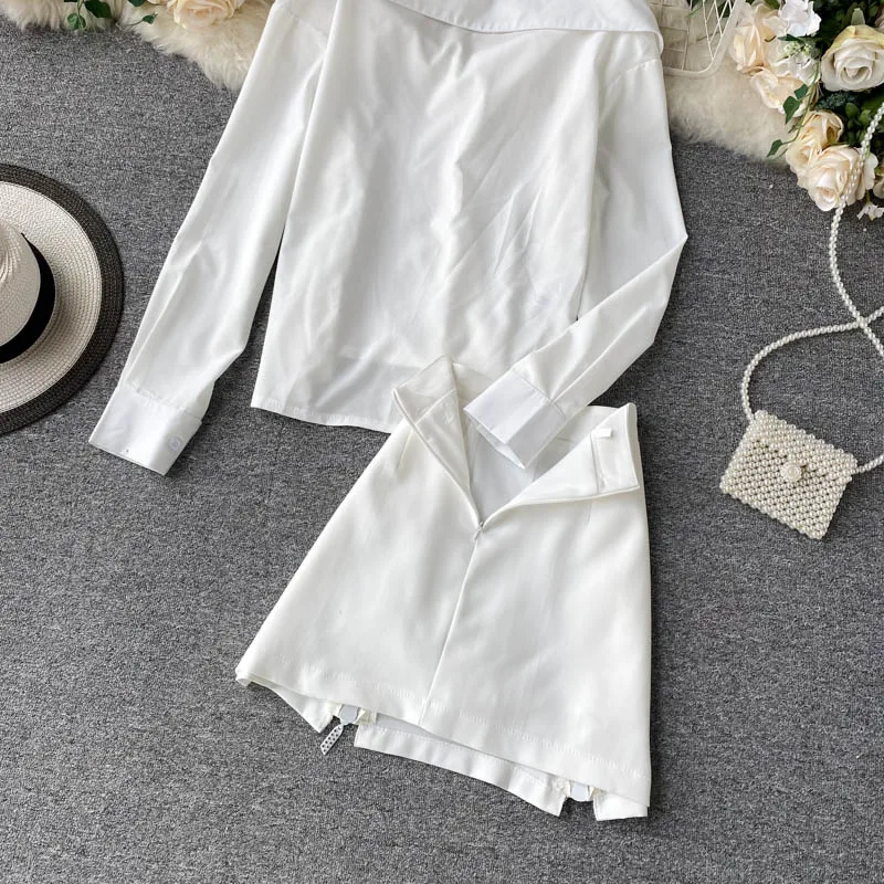 

Office Ladies Two Piece Set Black/White Sexy V-neck Long Sleeve Single-breasted Blouse + Zippers Skirt Fashion 2pcs Set New 2020
