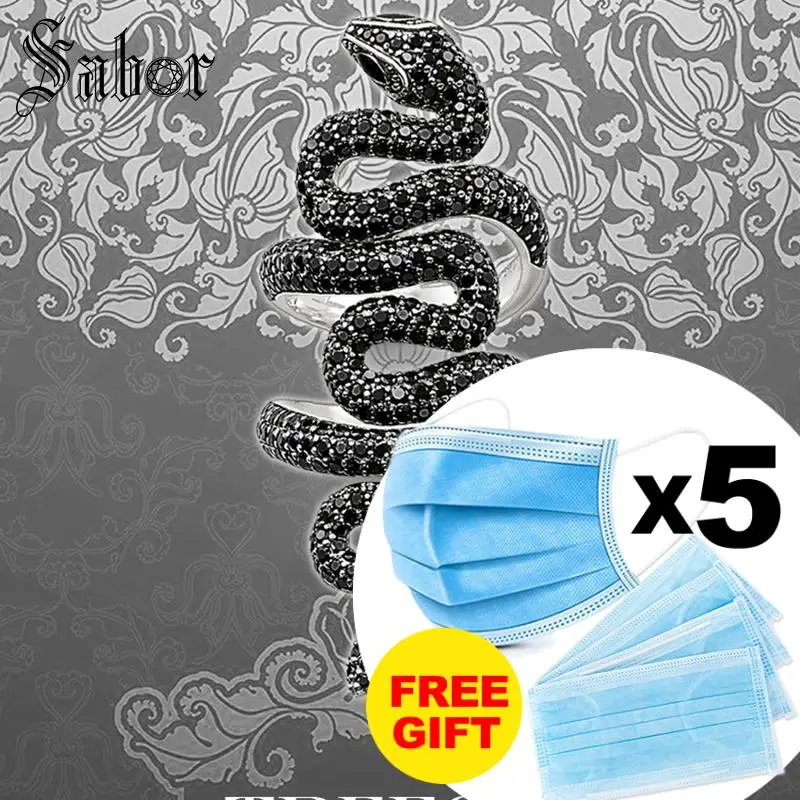 Длинные обручальные кольца с черными фианитами в виде змеи серебристые модные