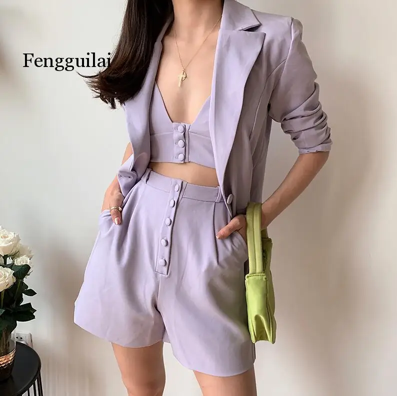 Женский костюм из блейзера средней длины на одной пуговице свободные шорты с