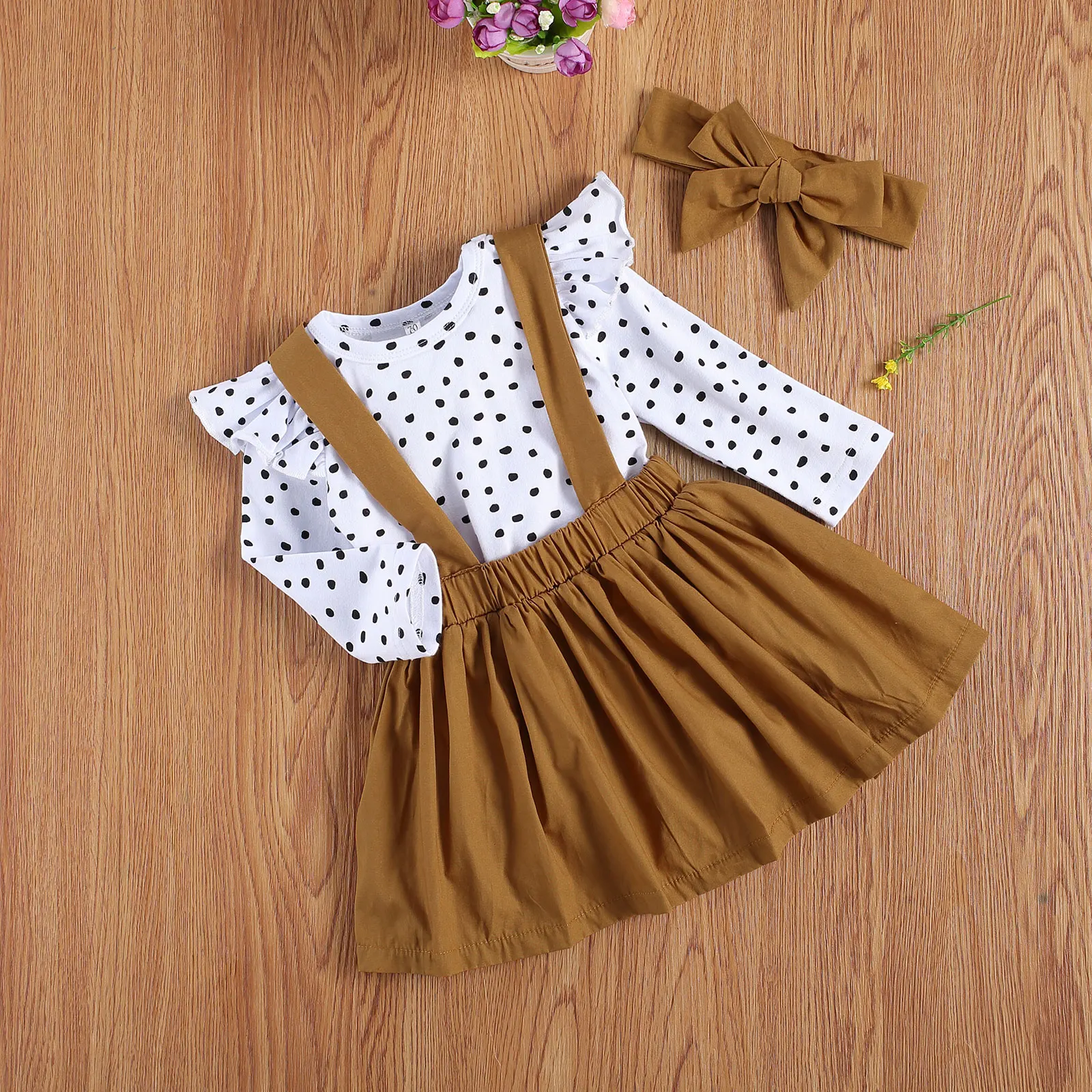 Conjunto de ropa para beb&eacute; ni&ntilde;a, camiseta de manga larga de encaje con estampado de lunares, Top de tirantes de Color s&oacute;lido, Falda corta y Diadema con lazo, 3 uds.-2