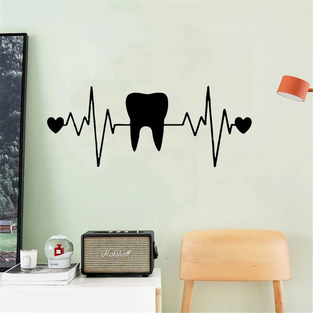 Teeth Dentist Dentistry Heart ECG Vinyl Wall Art Stickers Dental Clinic Decor Tooth Wall Decals Bathroom Decor