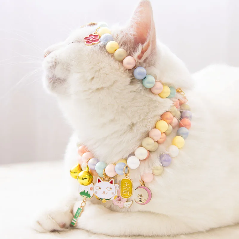 Kitten Collar Custom Cat Pearl Necklace Pendant Pet Collar Bell Adjustable Cute Pet Collar Sushi Printed Wholesale