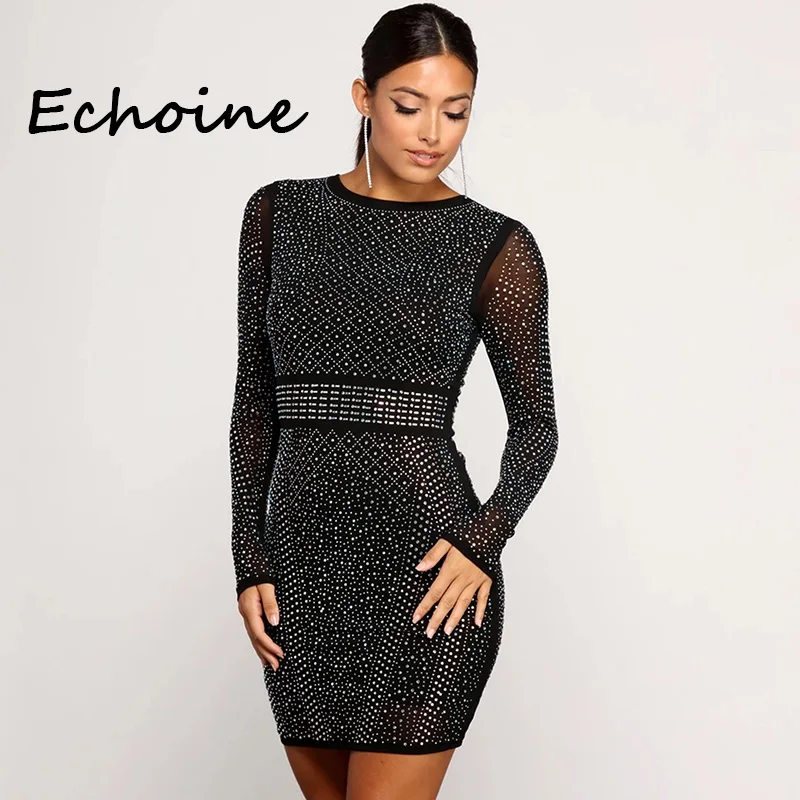 Сексуальное прозрачное Сетчатое платье со стразами облегающее обтягивающее