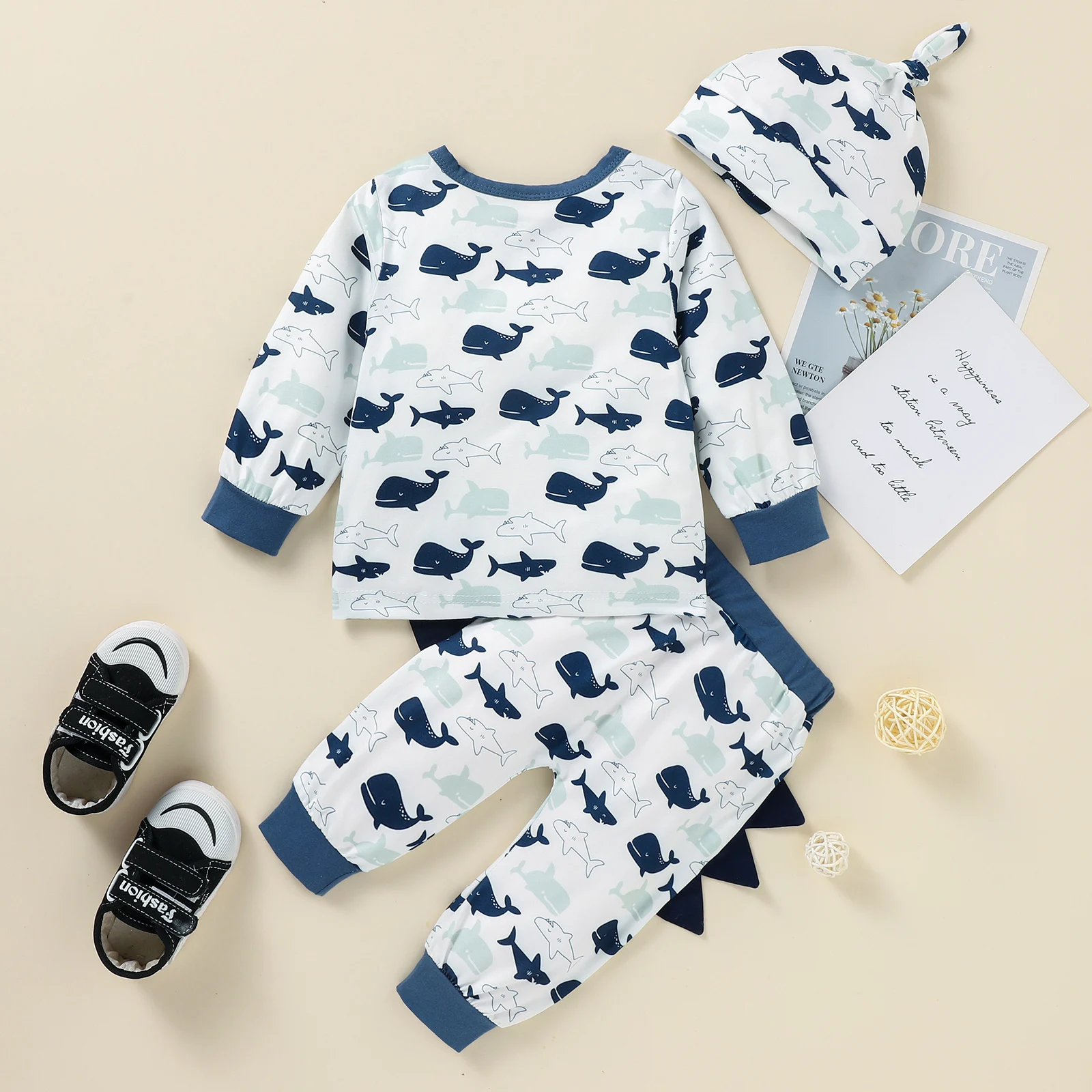 

Newborn Toddler Baby Girl Boy Clothes Set Dinosaur Print Long Sleeve Sweatshirts Tops Pants Hat 3Pcs Autumn Outfits 0-18M