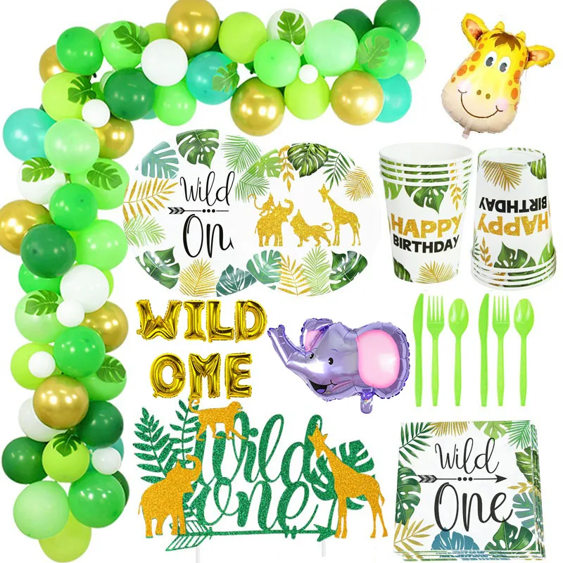 

Wild One Party Disposable Tableware Paper Plates Cups Forest Balloon Chains for Kids 1st Birthday Jungle Safari Decor Supplies
