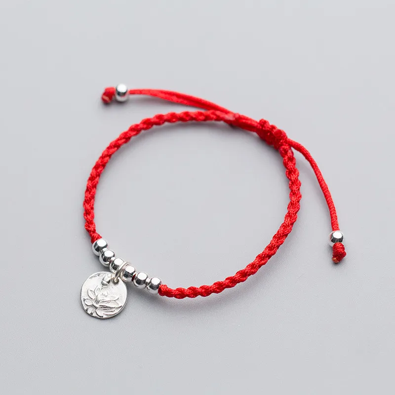 

Authentic 925 Sterling Silver Ethnic Red Rope Beads Disc Lotus Flower Bracelet Fine Jewelry For Women Cute Accessories