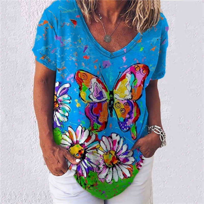 Women's T Shirt Top Printed V-neck Short Sleeve T-shirt Comfortable And Casual Loose Simple | Женская одежда