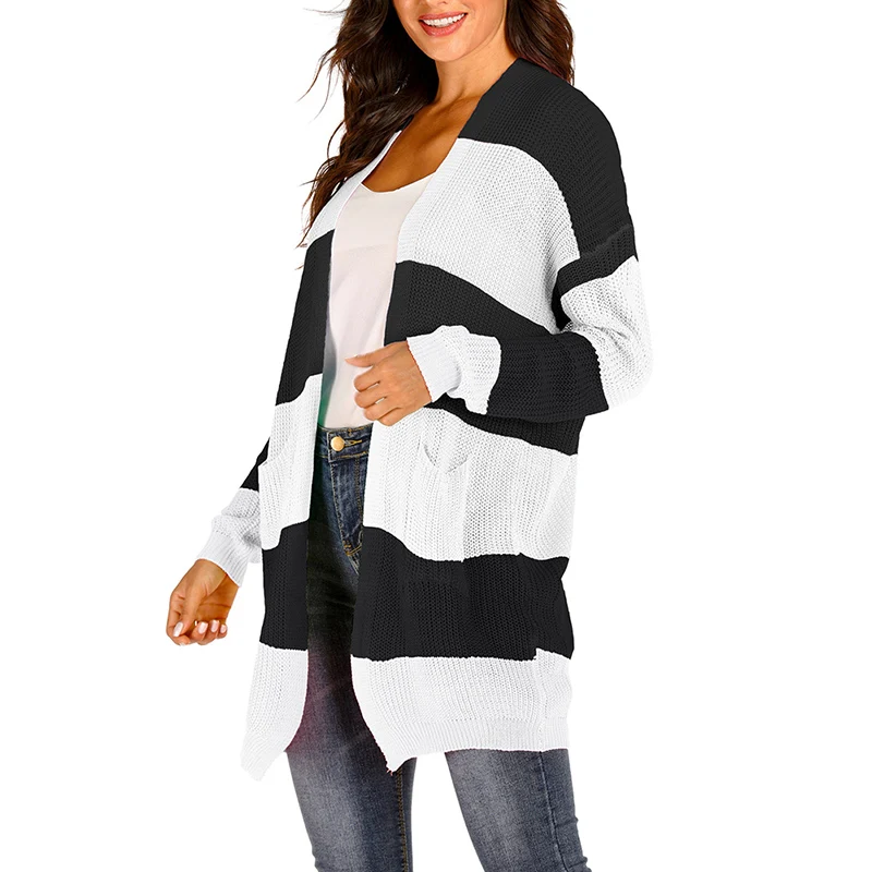 

Office Lady Commuter Loose Casual Pockets Decoration Sweater For Women Plus Size Women Cardigans Striped Long Wild Sweater