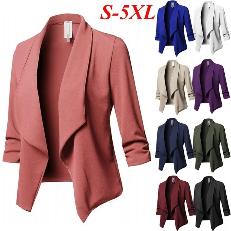 

2021Fashion New Women's Autumn Thin Blazer Tops Female Slim Fit Solid Color Long Sleeve Casual Blazers Outerwear Plus Size S-5XL