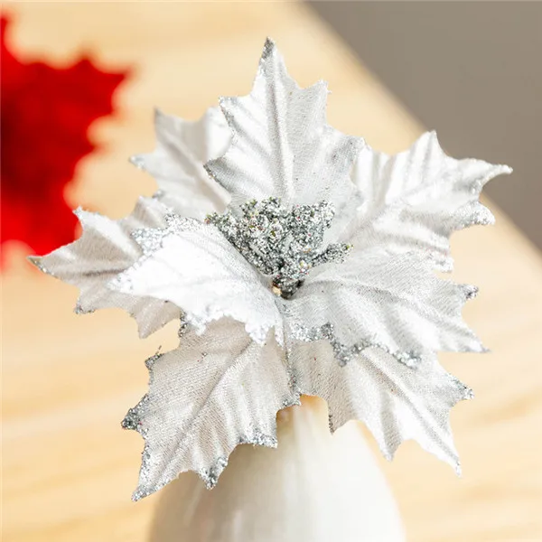 14CM silver 15 шт. 14 см/22 см Рождественский цветок со стеблем высокого качества рождественские цветы декоративный искусственный цветок золотые серебряные елки украшения - Цвет: 14CM silver