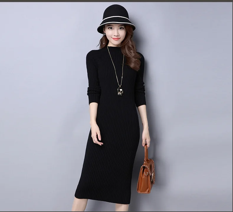 Осенне-зимнее однотонное платье средней длины женское облегающее тонкое