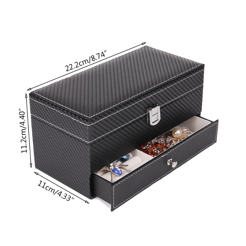 Carbon Fiber Double-layer 4 Grids Double Layers Watch Storage Box Case PU Watch Jewelry Necklace Rings Earring Organizer Box