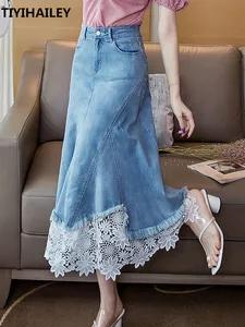 Женская джинсовая юбка TIYIHAILEY, длинная кружевная трапециевидная юбка до середины икры, с высокой талией, лето 2021