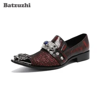 batzuzhi british type mens shoes luxury handmade shiny red leather dress shoes men pointed metal tip party and wedding shoes