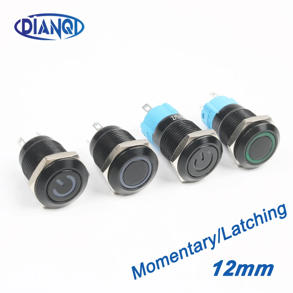 Черный кнопочный выключатель 12 мм 4 контакта водонепроницаемый светодиодный