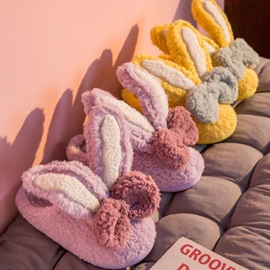 Winter Women Home Slippers With Ears Warm Hairy Lining Cozy Indoor Slides Rabbit Ears Slippers Adult
