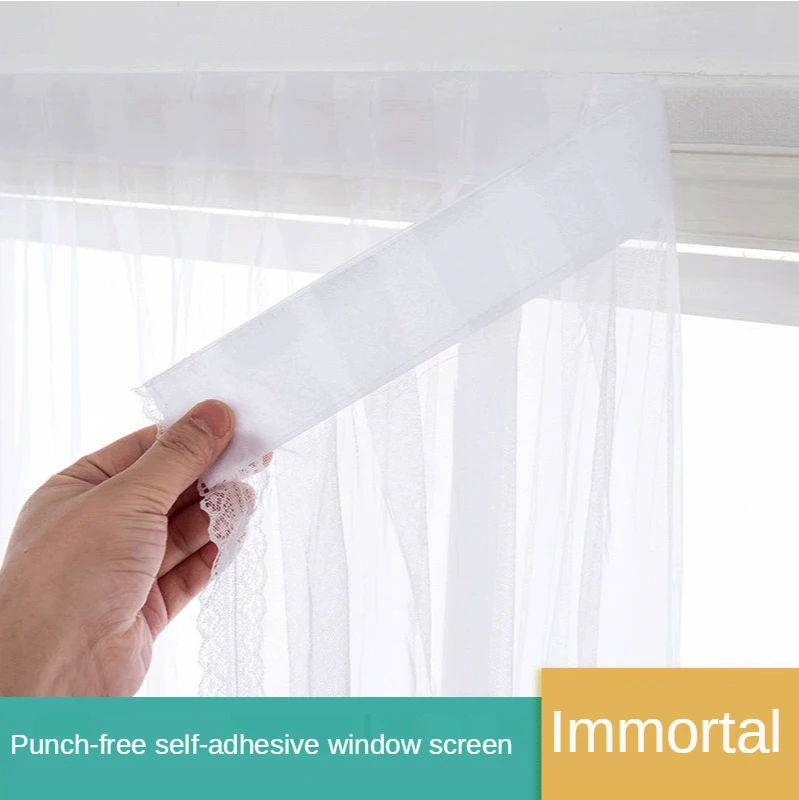 

Self-Adhesive Velcro Perforated Curtain Living Room Bay Window Balcony Bedroom Tulle Window Screen Curtain White Gauze