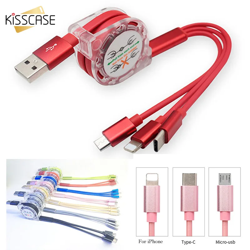 KISSCASE 3 в 1 Выдвижной USB кабель для мобильного телефона Micro usb type C iPhone 11 samsung huawei