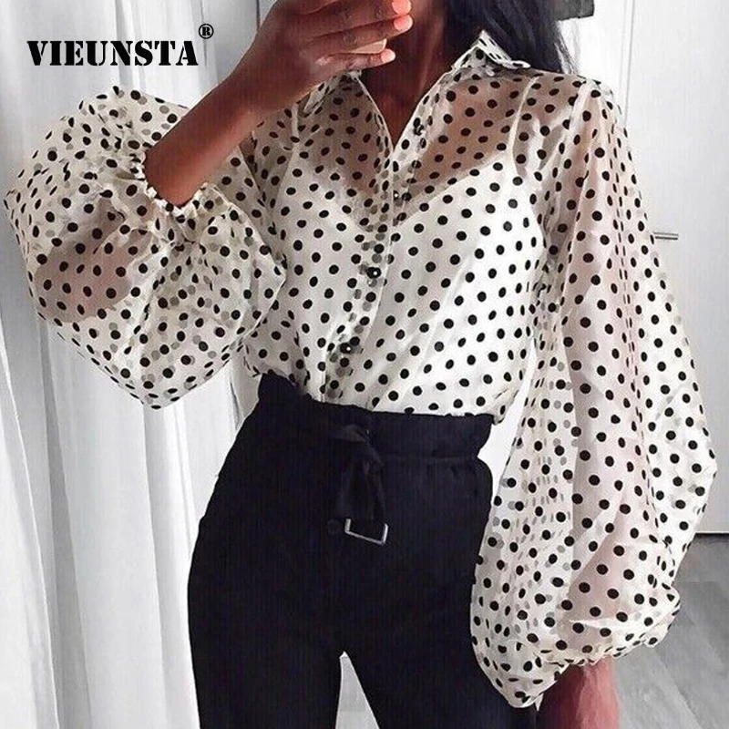VIEUNSTA Women Mesh Sheer Blouse See-through Lantern Long Sleeve Blouse Fashion Polka Dot Button Transparent Shirt Female Blusas