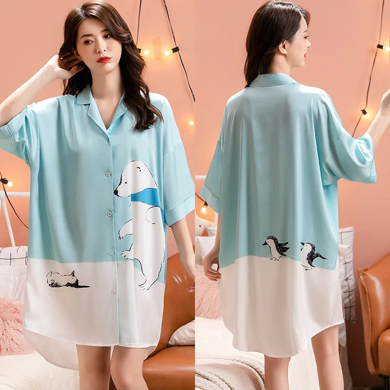 

New 2021 Satin Chiffon Summer Women Casual Sleepwear Soft Cartoon Nightdress Short Sleeve Lingere Nightgown Loose Free Home Wear