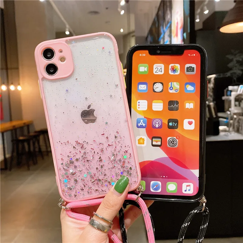 Bling Glitter Cases For OPPO Realme 5 6I C3 C11 C12 C15 A52 A72 A5 A9 A31 A53 2020 Stars Sequins Cord Chain Lanyard Case Coque