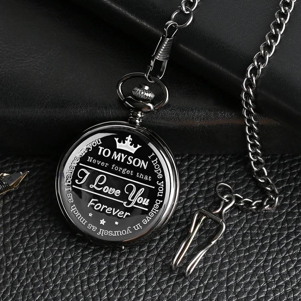 To My Son Pocket Watch Wallet Gift Set Pendant Quartz Romen Numerals Dial Clock Leather Black Wallet Men's Gifts Kit for Son