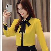 women spring autumn style blouses shirts lady casual long sleeve turn down collar bow tie decor blouses tops df3112