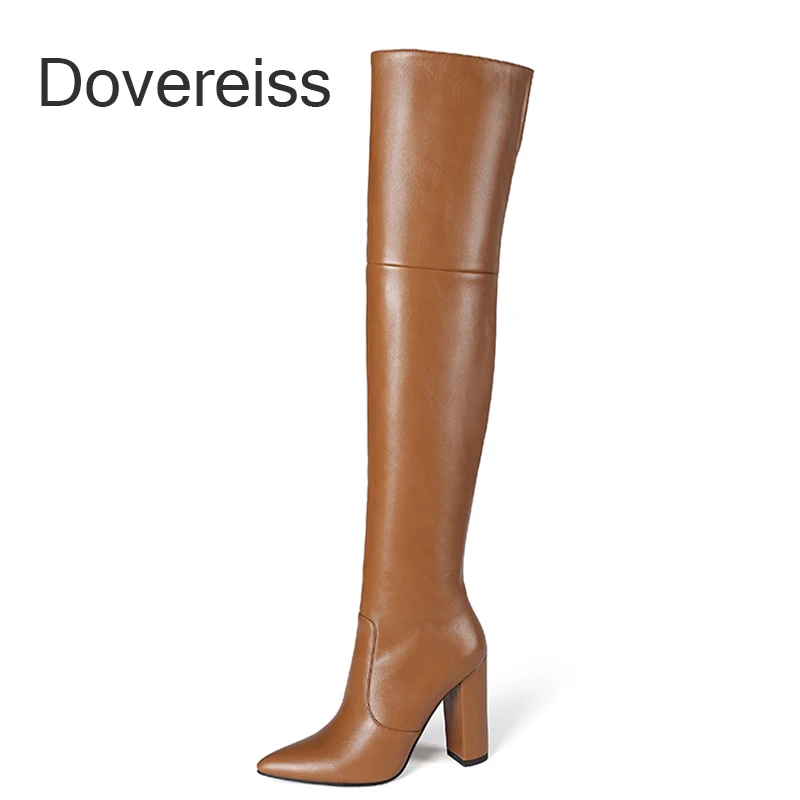 

Dovereiss Fashion Women's Shoes Winter New Sexy Brown White Zipper Pointed Toe Block Heels Over The Knee Boots 40 41 42 43