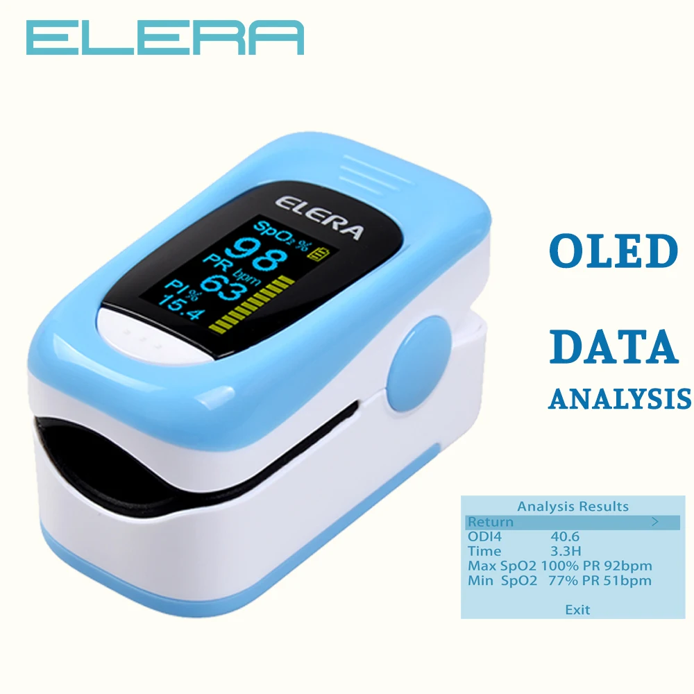 Пульсоксиметр Пальчиковый ELERA SPO2 PR PI ODI4 4 параметра 8 часов мониторинга сна |