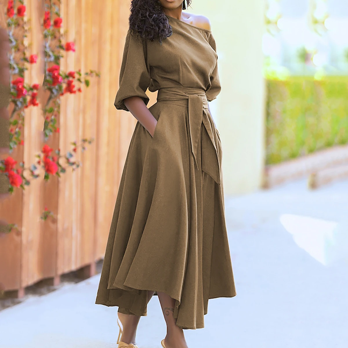 

2021Casual Inclined Shoulder Folds Sashes Dresses For Fashion Women Summer 2021 Sexy Diagonal C