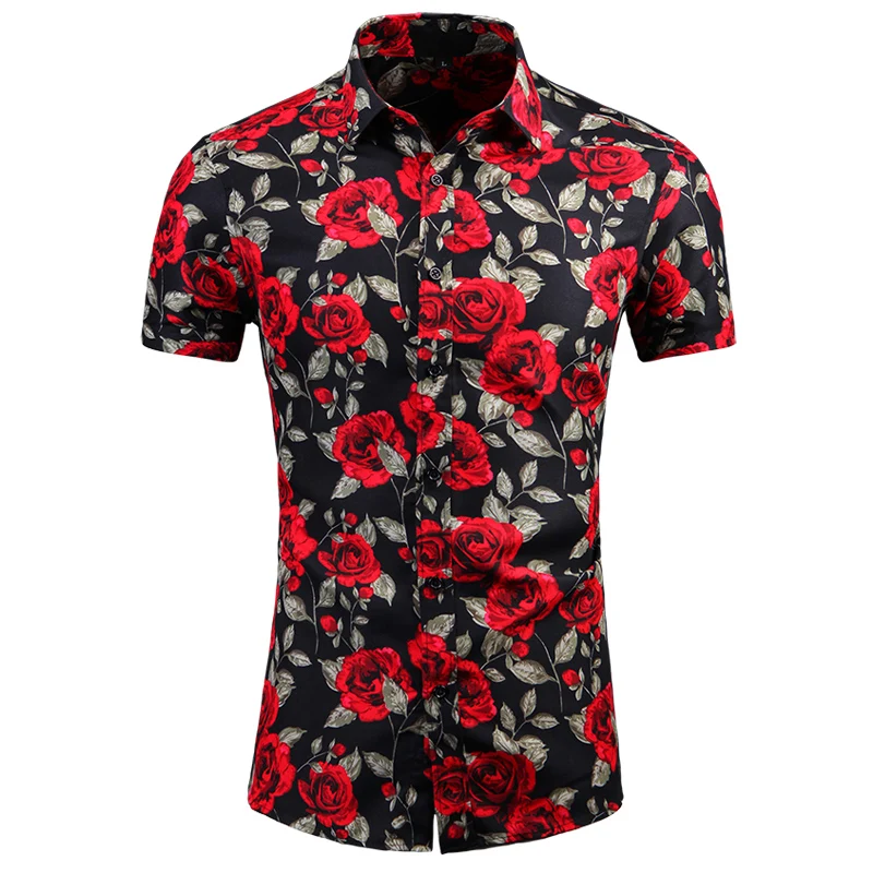 

45KG-120KG Summer Romantic Rose Print Mens Short Sleeve Flowers Shirt Casual Hawaiian Shirts 4XL 5XL 6XL 7XL