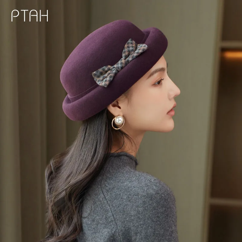

[PTAH] Fedora Hat For Women Temperament Elegant Church Autumn Winter New Hat Ladies 100% Australian Wool High Quality Top Hat