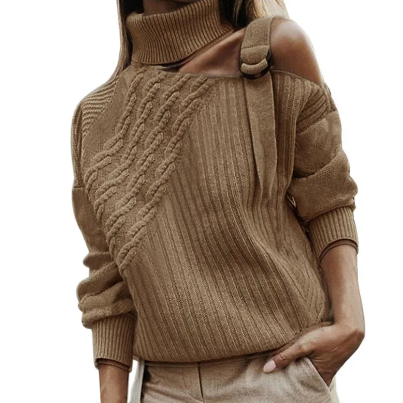 Turtleneck Long Sleeve Knitted Sweater Women Sexy Off Shoulder Patchwork Pullover 2020 Winter Autumn Fashion Ribbed Sweaters Top | Женская