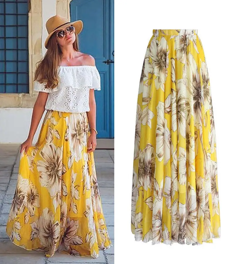 2021 New Fashion Elegant Chiffon BOHO Womens Floral Jersey Gypsy Long Maxi Full Print Skirt Holiday Beach юбка летняя женская