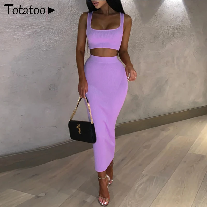 

Novgril Rib Knit Two Piece Set Dress Women 2019 Summer Neon Vest Crop Top and Long Skirt 2 Piece Suit Sexy Club Party Midi Dress