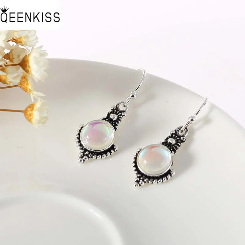 

QEENKISS EG6304 2022 Fine Jewelry Wholesale Fashion Woman Girl Birthday Wedding Retro Round Antique Silver Drop Earrings