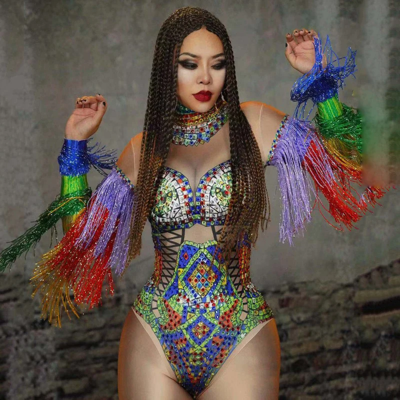 

Джазовые костюмы, разноцветные стразы, комбидресс с бахромой, сексуальный DJ, женская одежда для сцены, танцевальная одежда для бара, DT1689