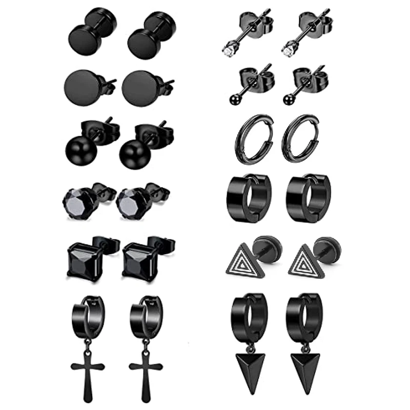 

12 pairs/Set of earrings for men and women stainless steel men's earrings Huggie Hoop Punk Black Stud Earring Set 857