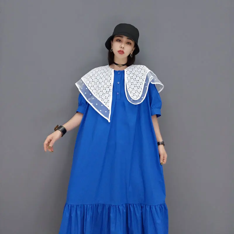 

XITAO Loose Large Size Women Dress Fashion Contrast Color Irregular Lace Splicing O-neck Collar Summer New Simplicity WMD1114