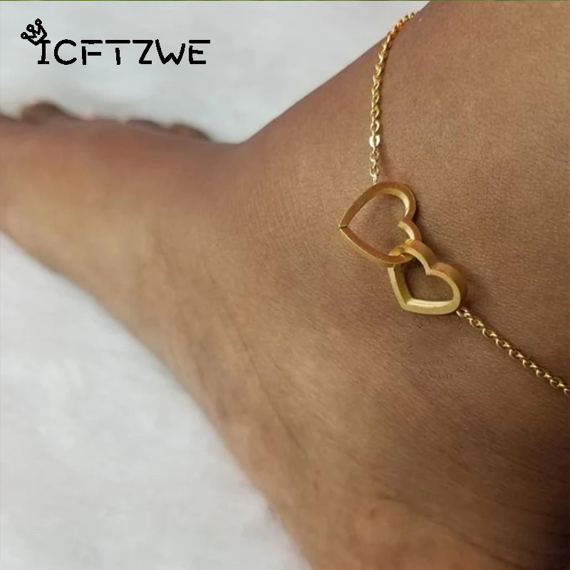 DIANSHANGKAITUOZHE Gold Colour Bijoux De Pied Femme Leg Chain Stainless Steel Bracelet Women Double Heart Foot Anklets|foot anklet|bijoux de