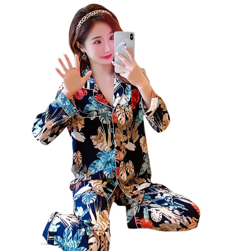 

Flower 2PCS Sleep Sets For Women Pajamas Suit Satin Long Sleeve Nightwear Spring New Thin Sleepwear Loose Printed Home Clothing